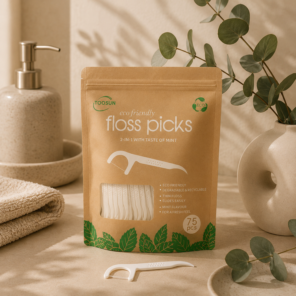 Biodegradable Dental Floss Picks | Mint Flavor | 75-Pack | Zero-Waste